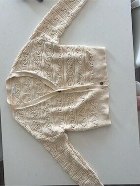 Mango Cream Openwork V-Neck Button Cardigan